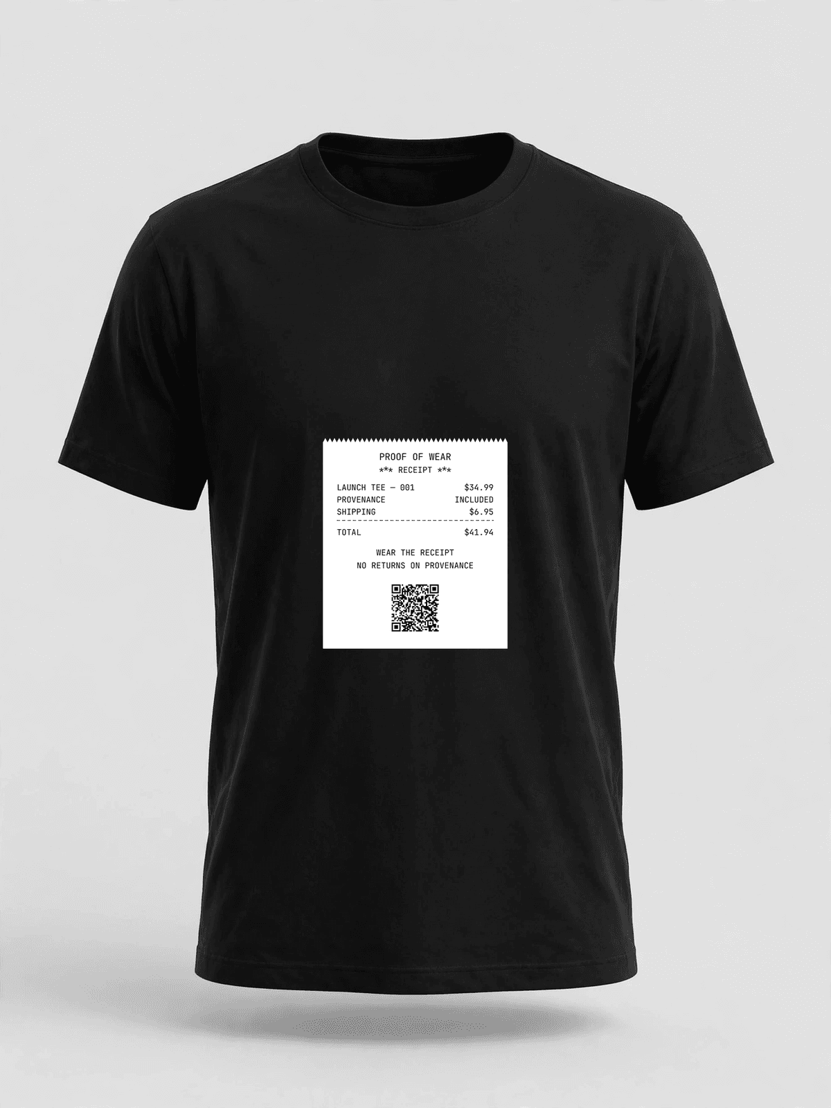 Wear the Receipt — black tee with receipt print and verification QR